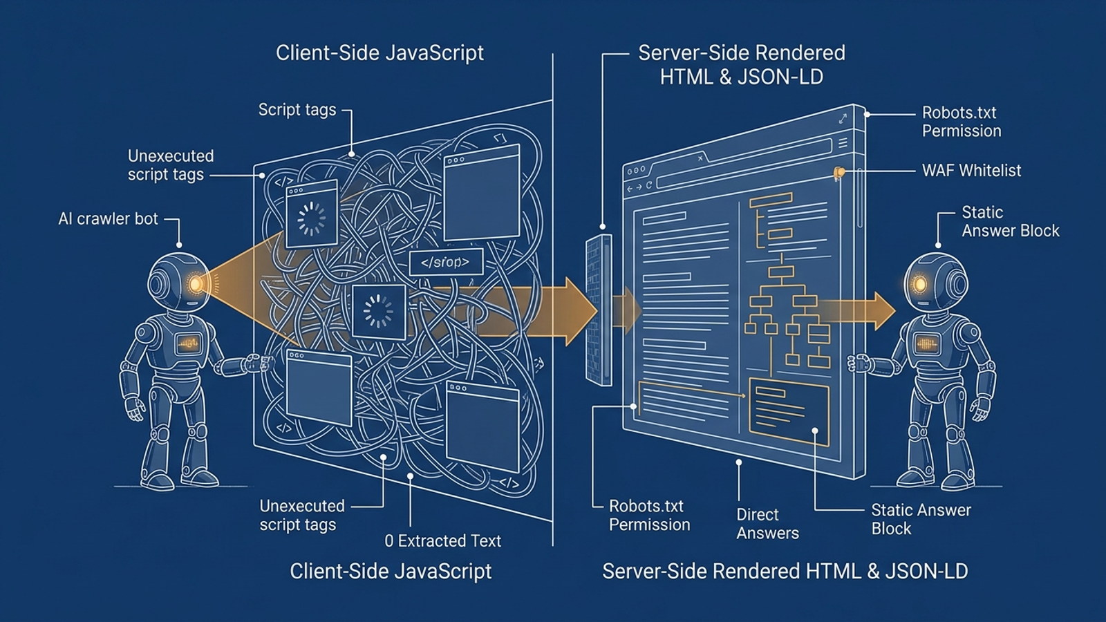 A crawler blocked by client-side JavaScript beside one receiving server-rendered HTML.