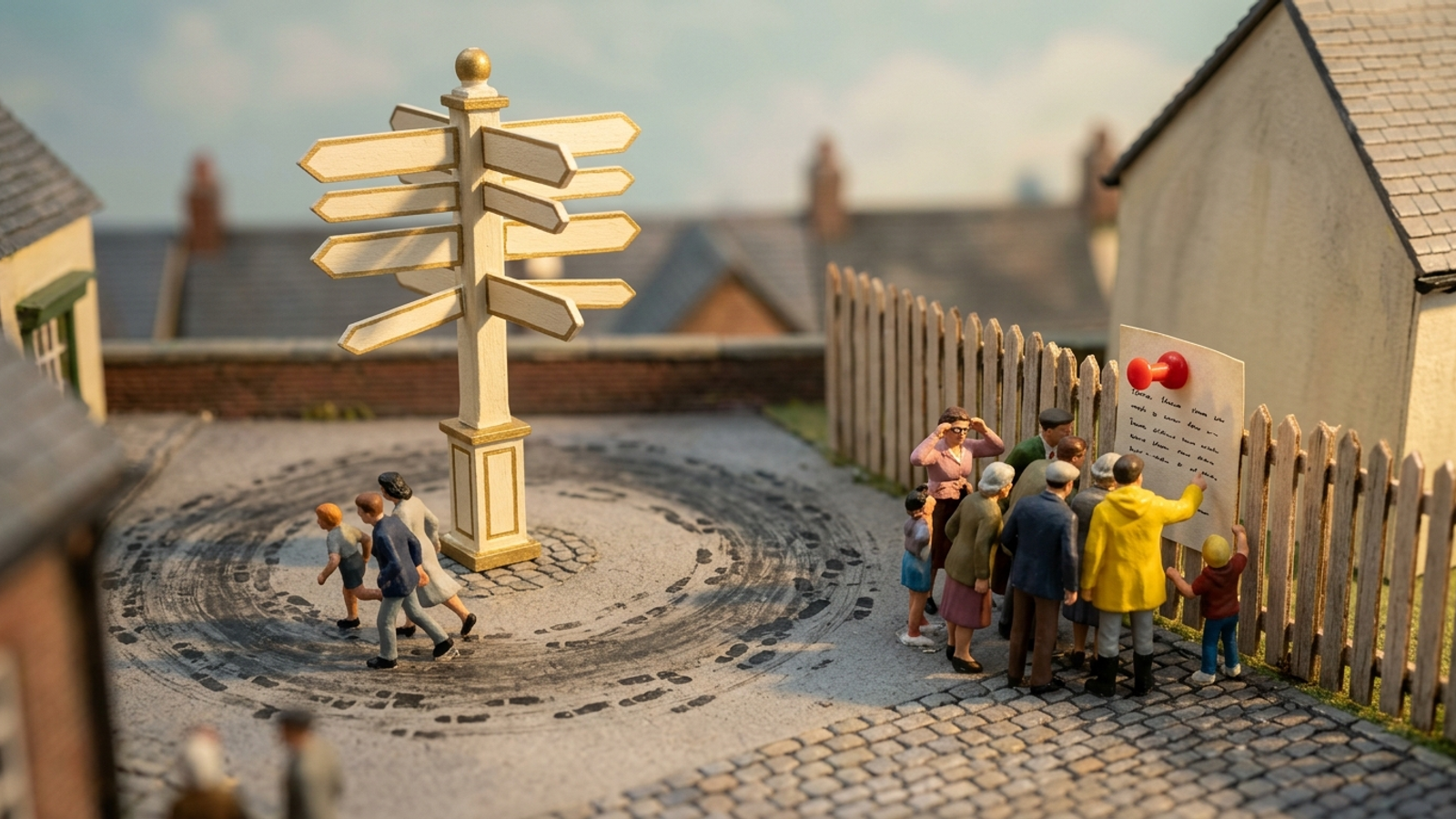 A model town square where crowds wore a ring around a grand signpost without stopping, while tiny people gather to read one small pinned note.