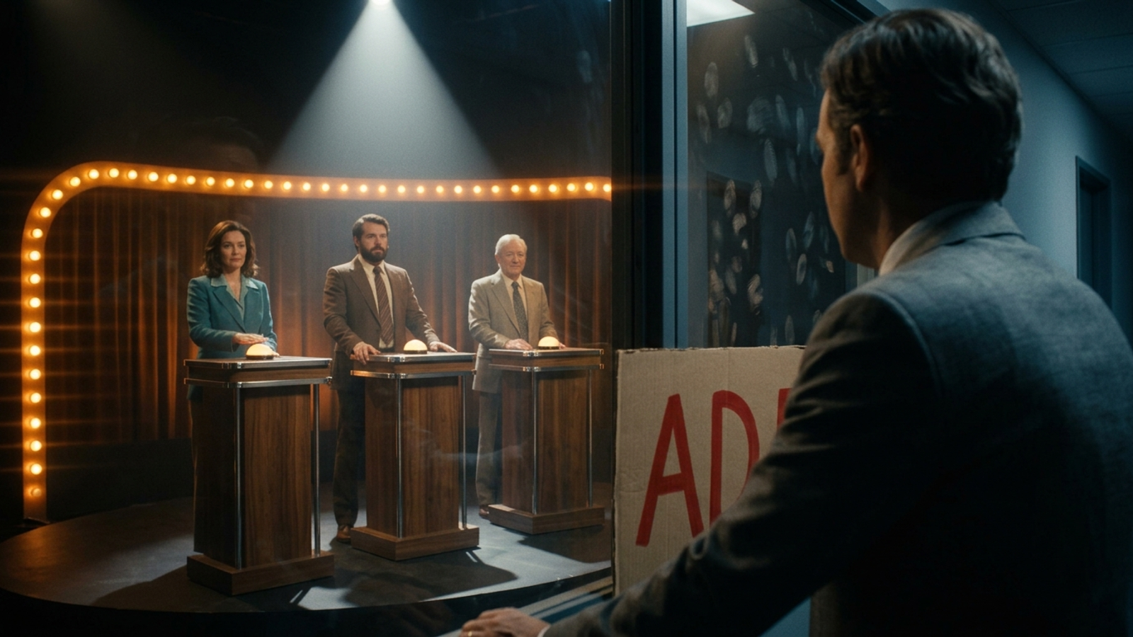 Three contestants at glowing quiz-show podiums while a fourth man outside the glass presses an 'AD' sign to it, paid to be seen but left out of the answer.