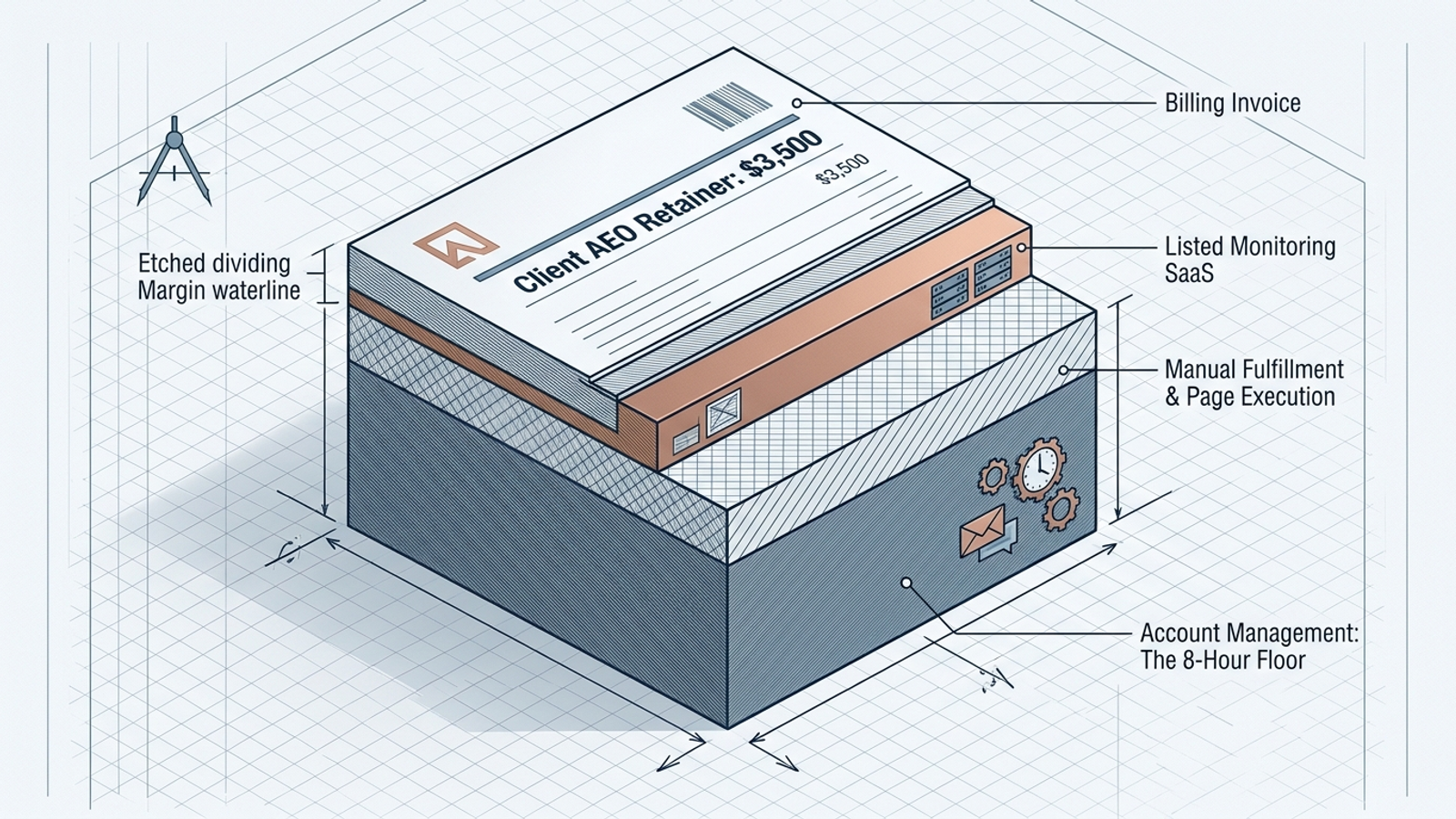 Visible agency fees above a cutaway showing software, fulfillment, and account-management costs below.