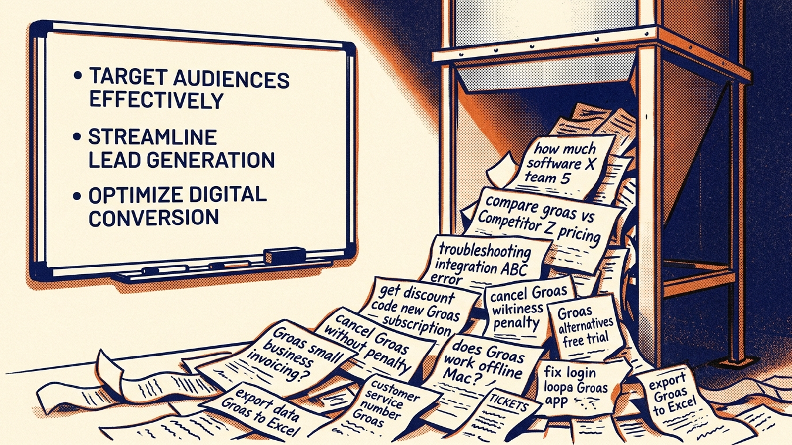 A polished boardroom whiteboard beside a hopper overflowing with raw search-query receipts.