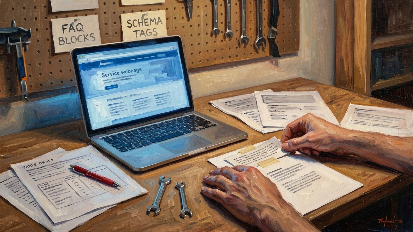 A workbench where a website page is being rebuilt with answers and tables
