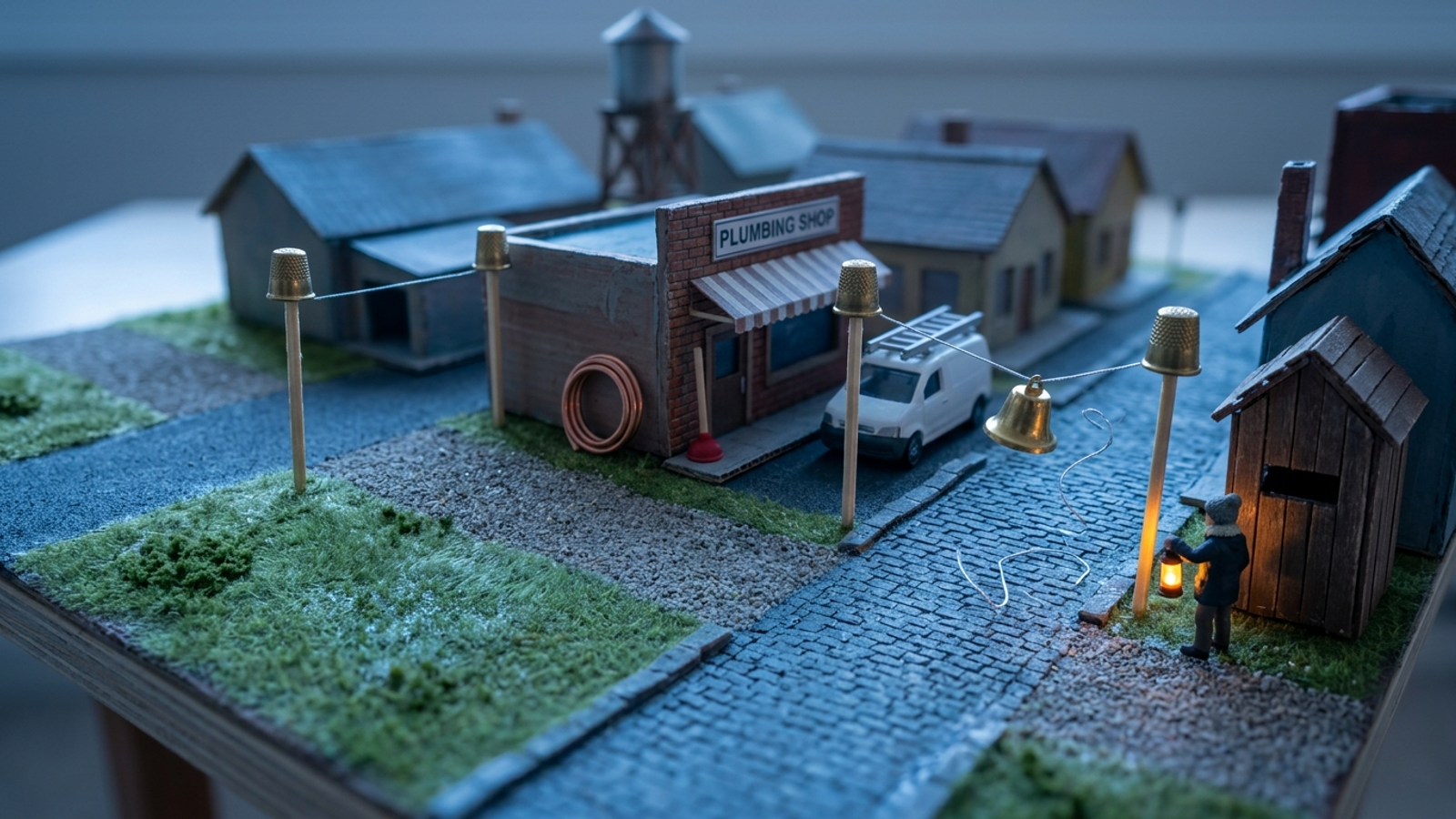 Tiny model town at dawn: three tripwires guard a plumbing shop, and one bell rings as a watchman turns, an alarm only for a real change.