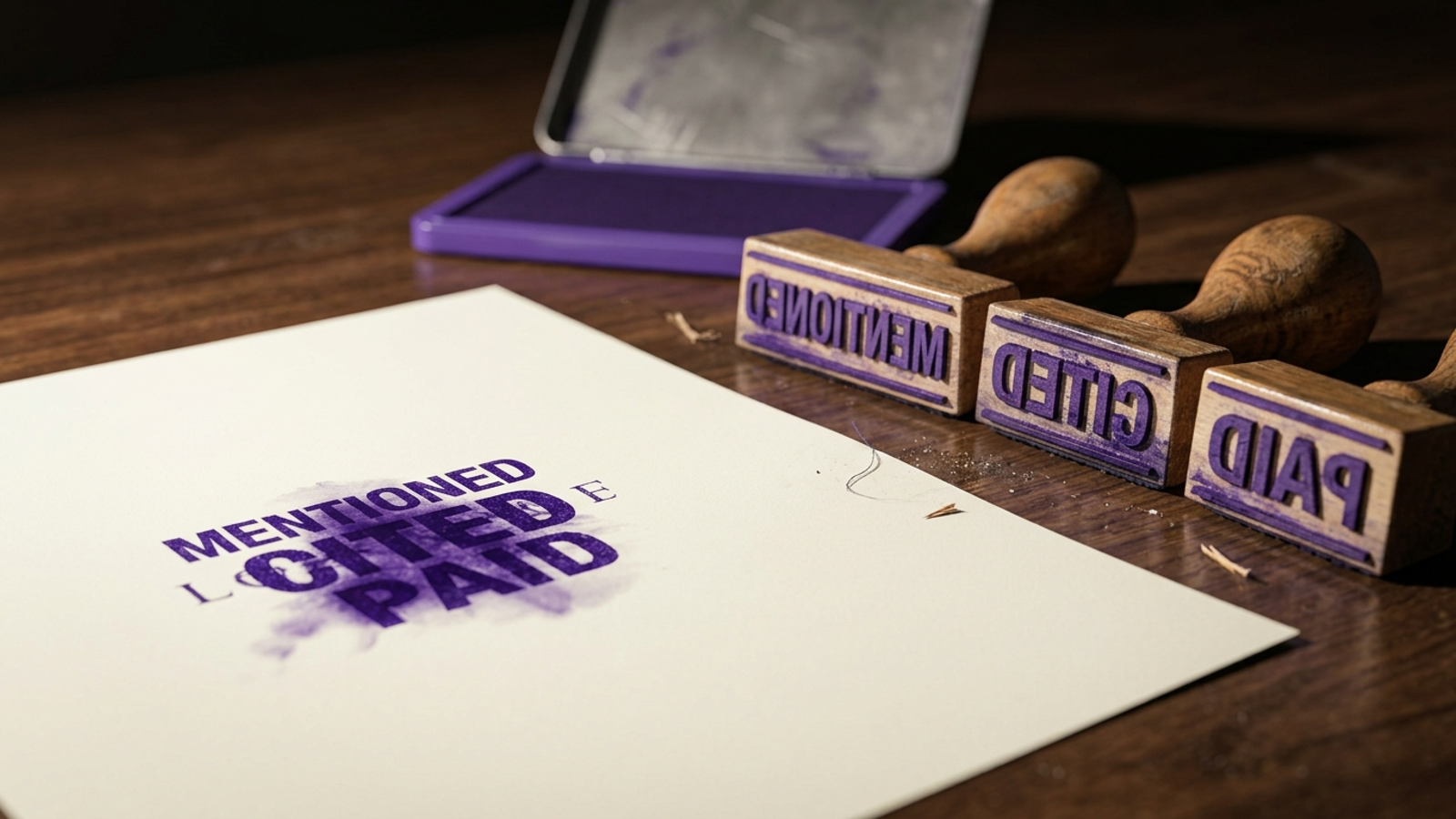 Three rubber stamps reading Mentioned, Cited and Paid beside a page where all three are stamped on one spot into an unreadable violet blot.
