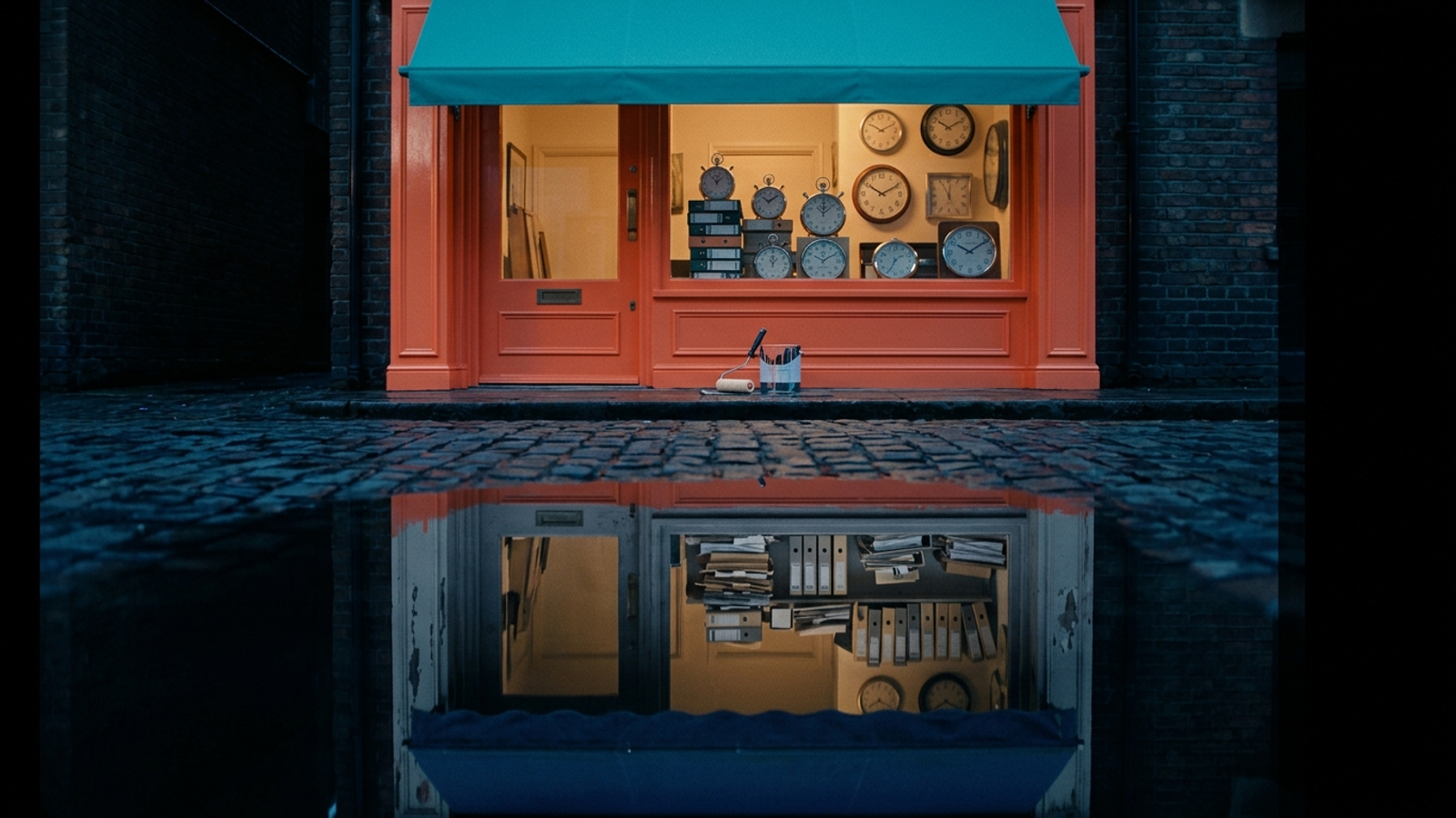A freshly repainted orange shopfront whose rain-puddle reflection shows its old faded navy version, as if the street still remembers the former shop.
