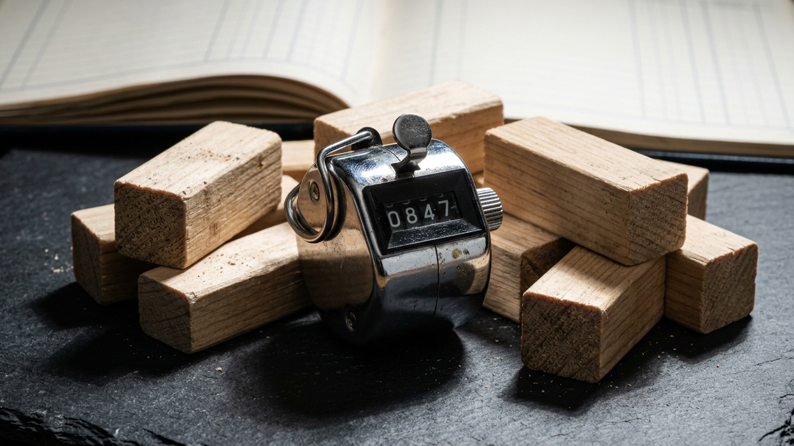 Mechanical tally counter beside a pile of unbuilt wooden blocks.