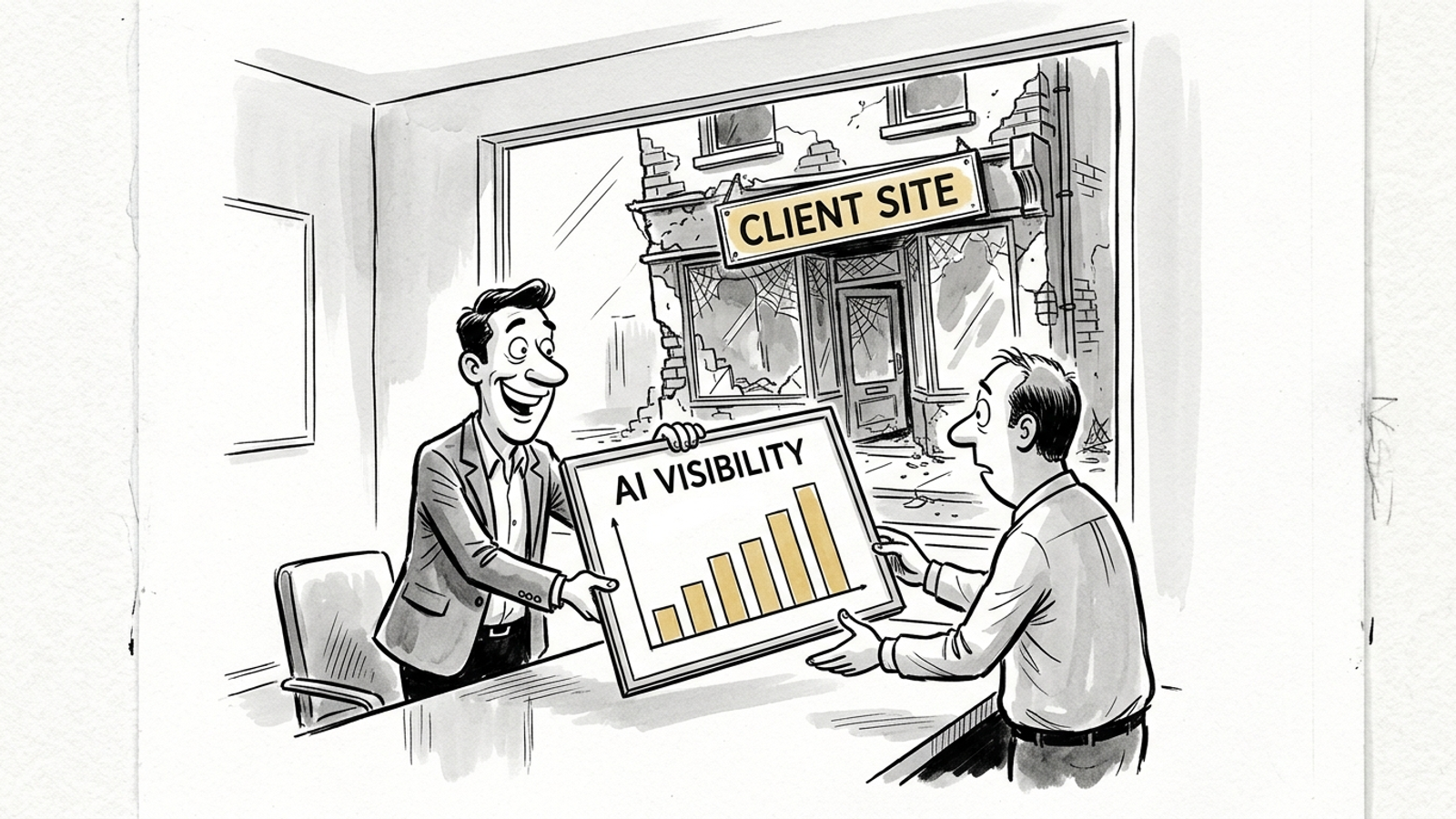 Ink cartoon of an agency handing a client a framed chart while the website behind them stays broken