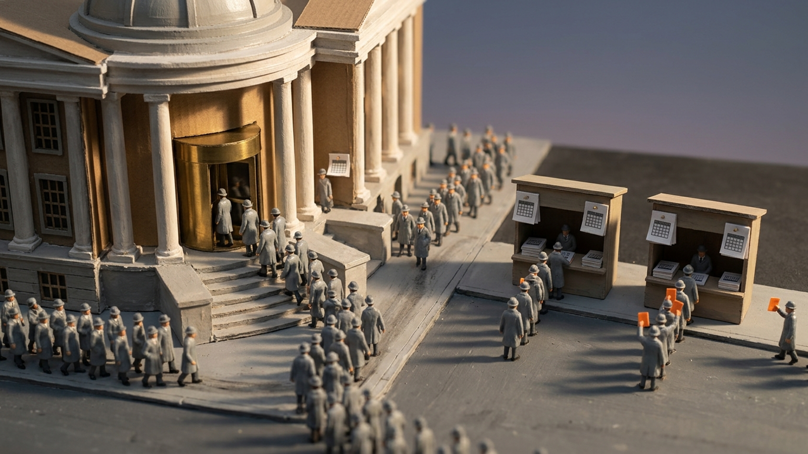 Tiny model figures crowd through a grand library and leave empty-handed, while across the street small dated newsstands hand out orange answer slips.