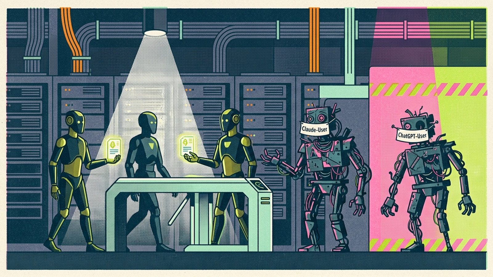 A server checkpoint verifies an AI retrieval agent while a spoofed user agent waits outside.