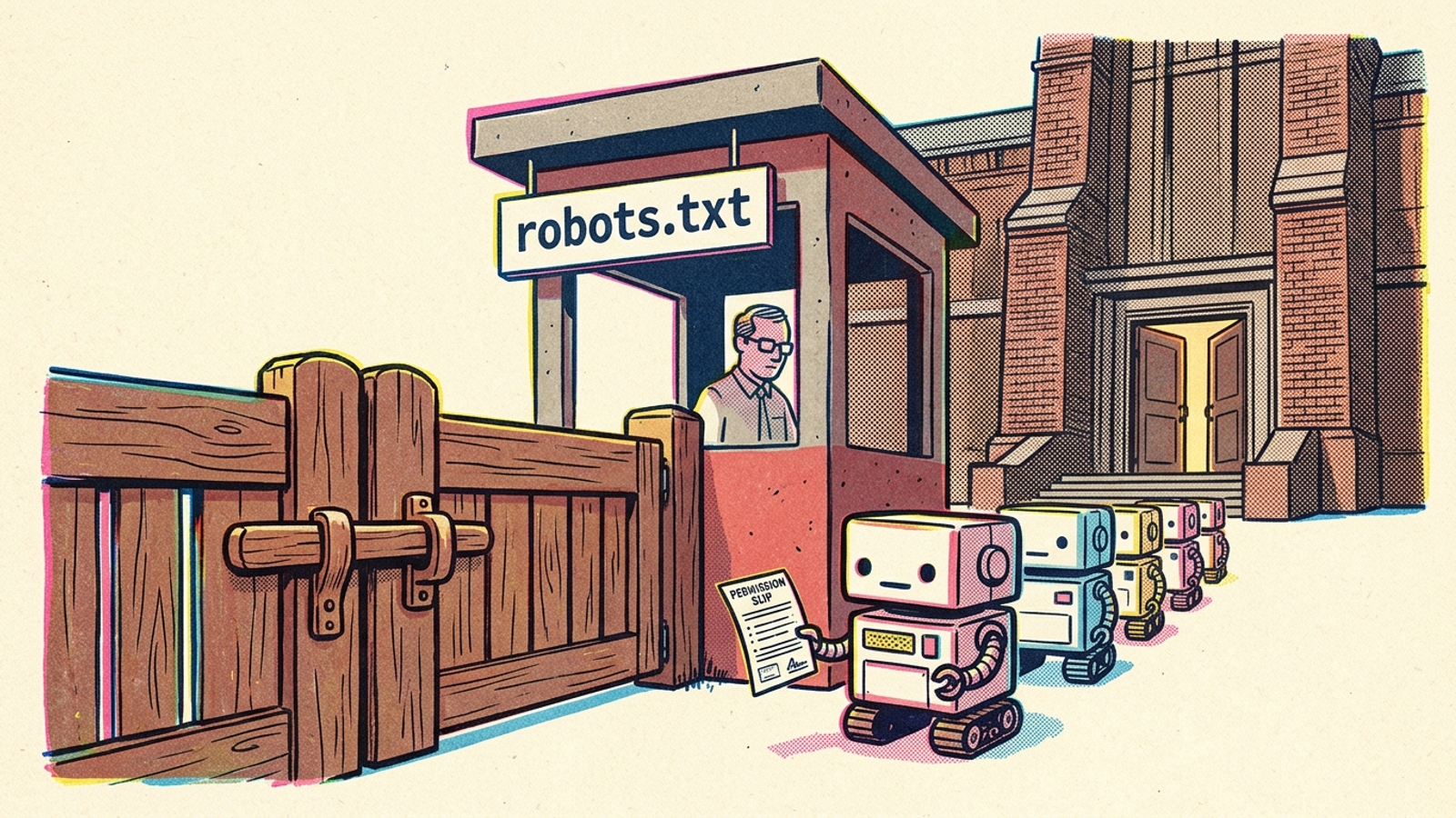 A locked gate in front of a library, with bots waiting beside a small robots.txt sign