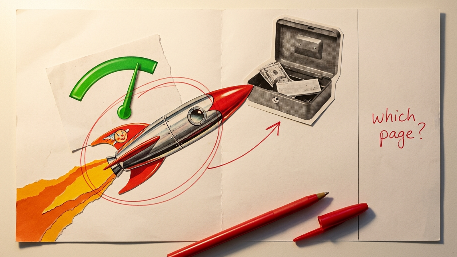 A collage rocket on a pitch slide flies straight into an open cash box while red pen margin notes circle it and ask "which page?"