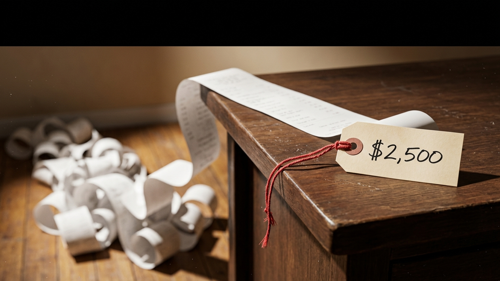 A small "$2,500" price tag tied to an enormous receipt that spills off a desk and heaps on the floor, showing the real yearly cost behind the monthly fee.