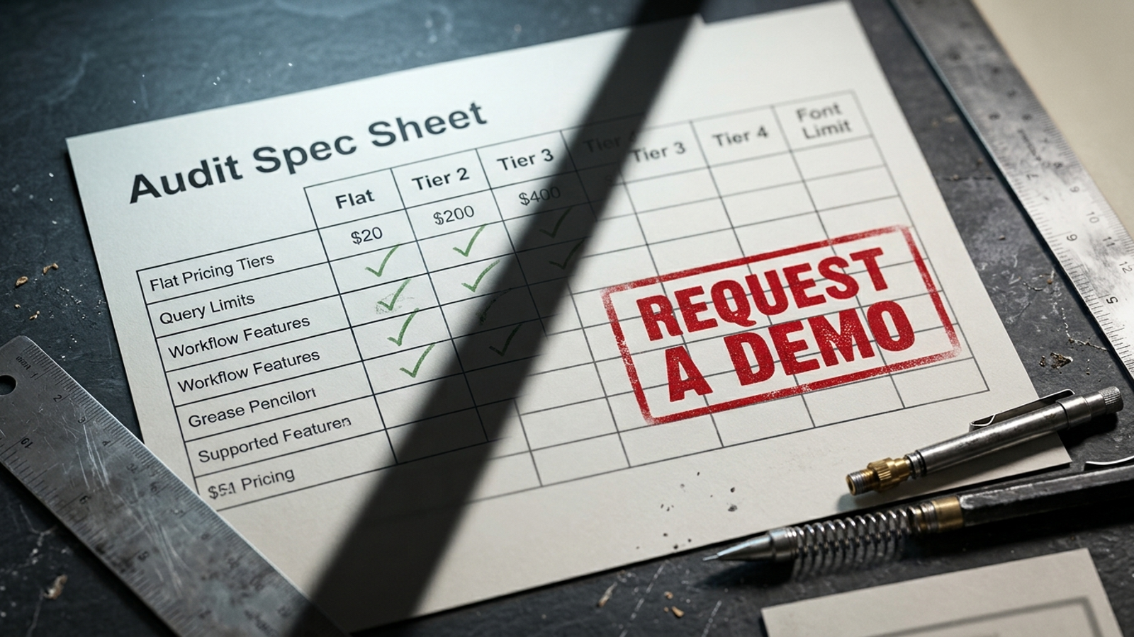 Audit sheet comparing structured pricing rows with a page that only says Request a Demo.