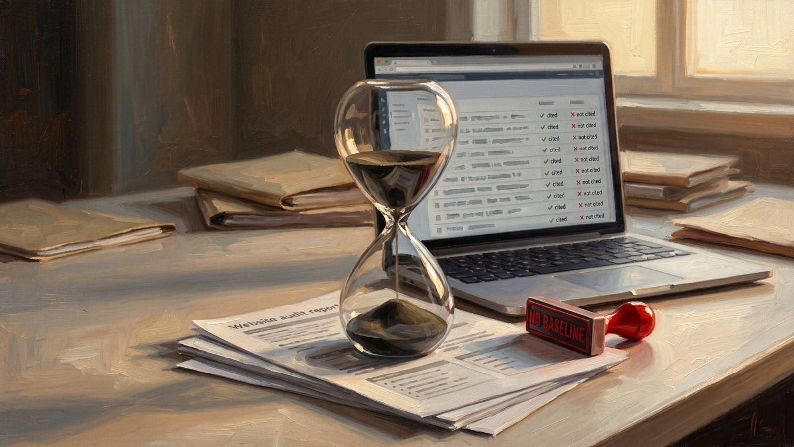 Hourglass above a website audit report and AI citation snapshot