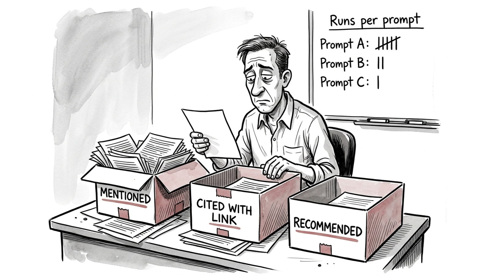 Cartoon of a marketer sorting AI answers into mentioned, cited and recommended piles