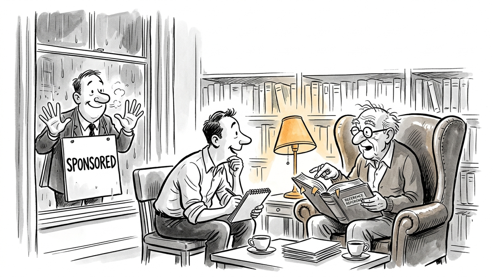 Cartoon: an advisor reads advice from a book to a rapt client while a salesman in a "SPONSORED" sandwich board presses against the window outside, unnoticed.