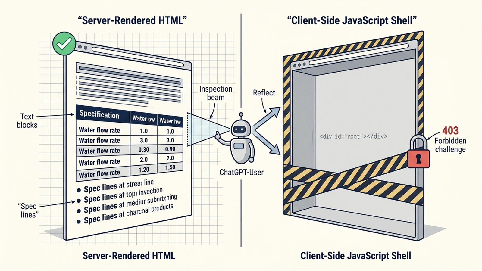 A readable server-rendered specification page beside a client-side HTML shell with no specifications.
