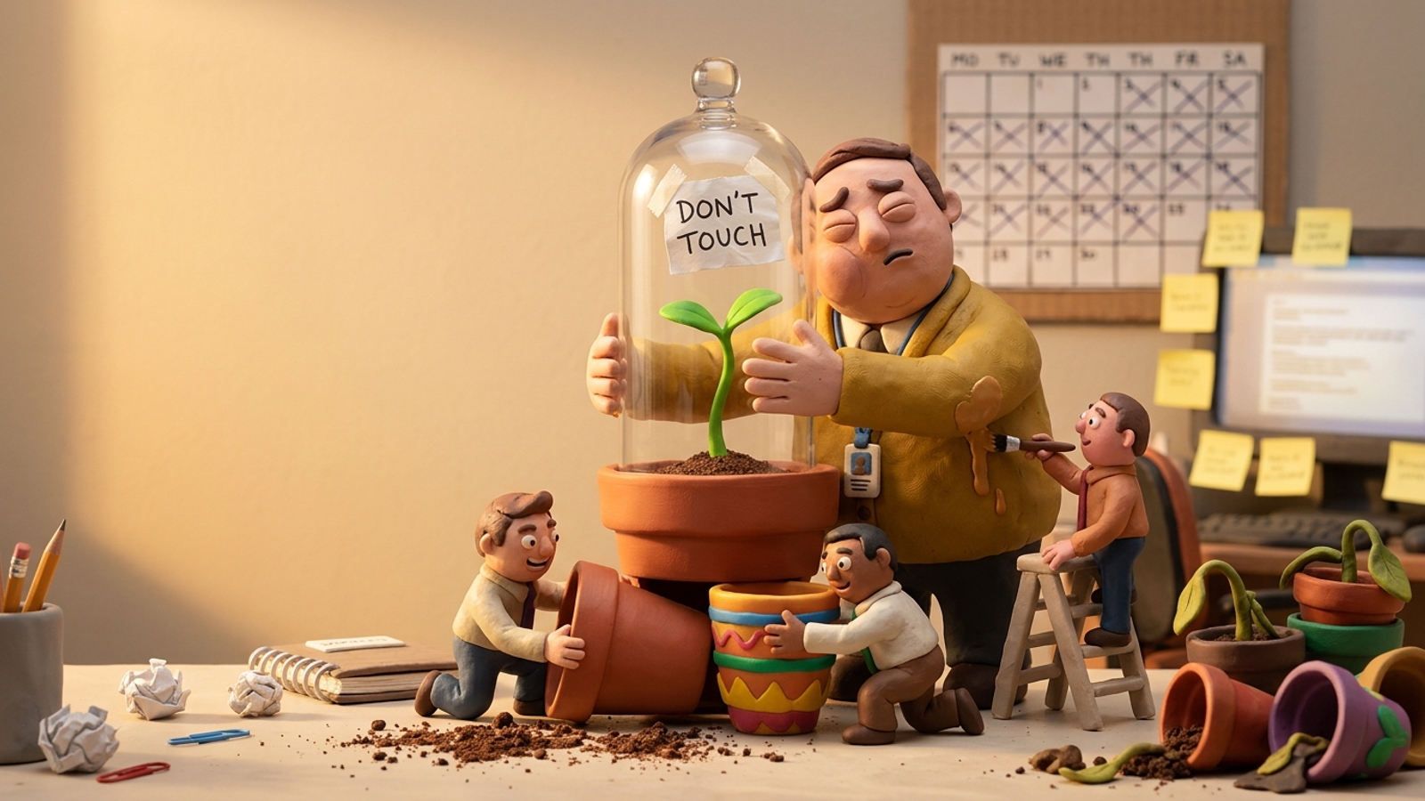 Clay ads manager hugs a 'DON'T TOUCH' cloche over a seedling while coworkers secretly swap and repaint the pot beneath it.