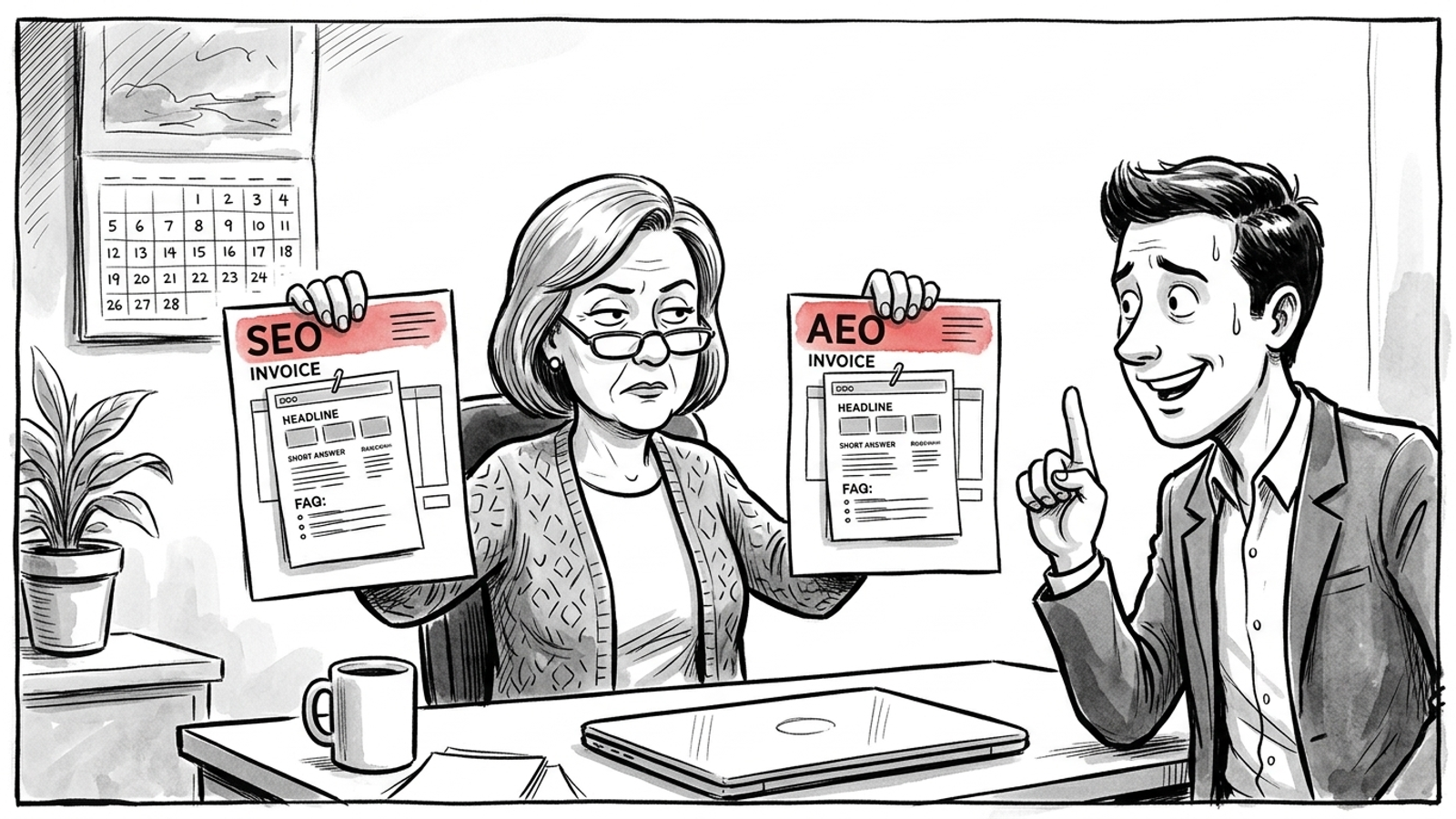 Cartoon client holds an SEO invoice and an AEO invoice stapled to the same web page while a nervous agency rep grins, mocking paying twice for one job.