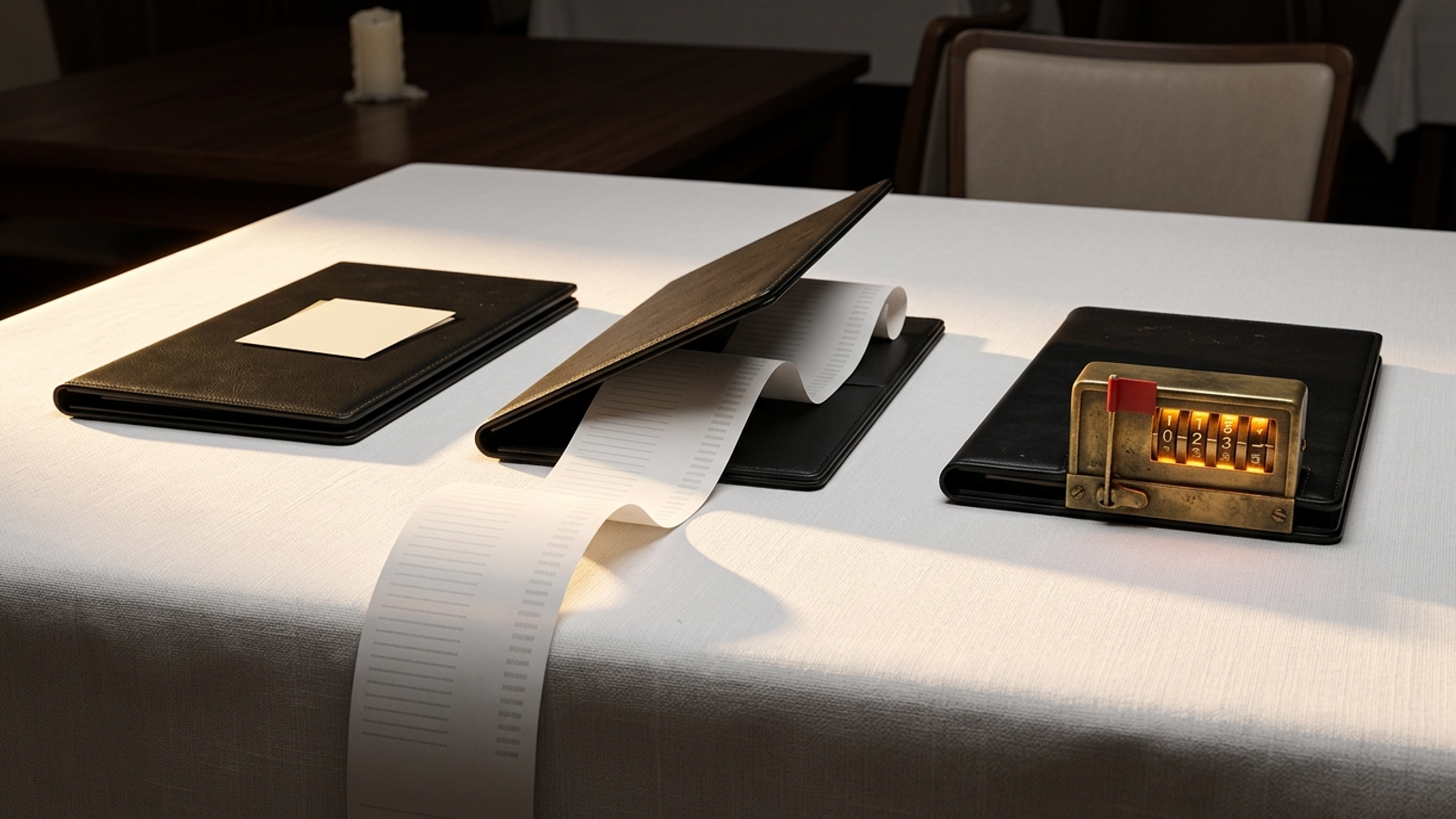 Three identical restaurant check folders: one neatly closed, one spilling an endless receipt, one with a ticking taxi meter built in: the same job, three bills.