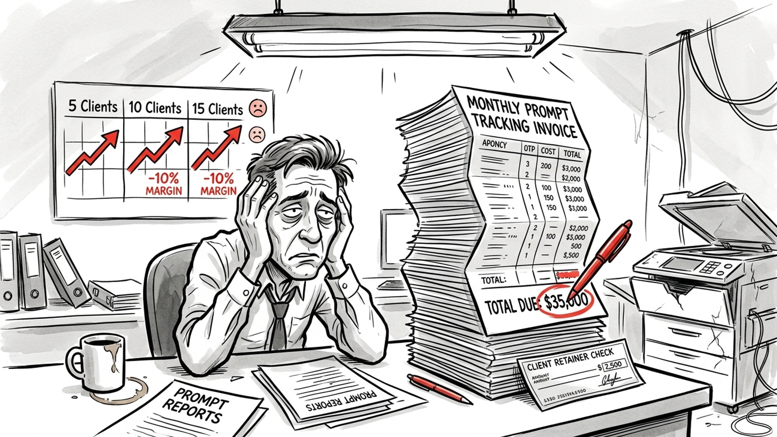 Agency owner reviewing a prompt-tracking bill beside the retainer