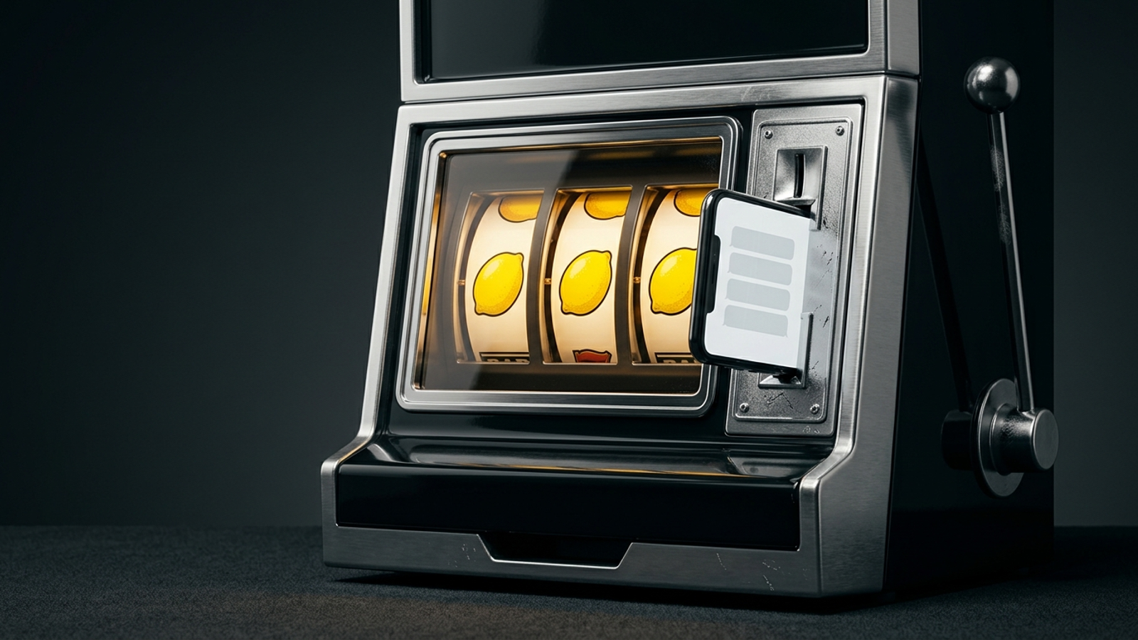 A slot machine shows three lemons with a phone jammed in its coin slot, suggesting one AI chatbot answer is a random pull, not a verdict.