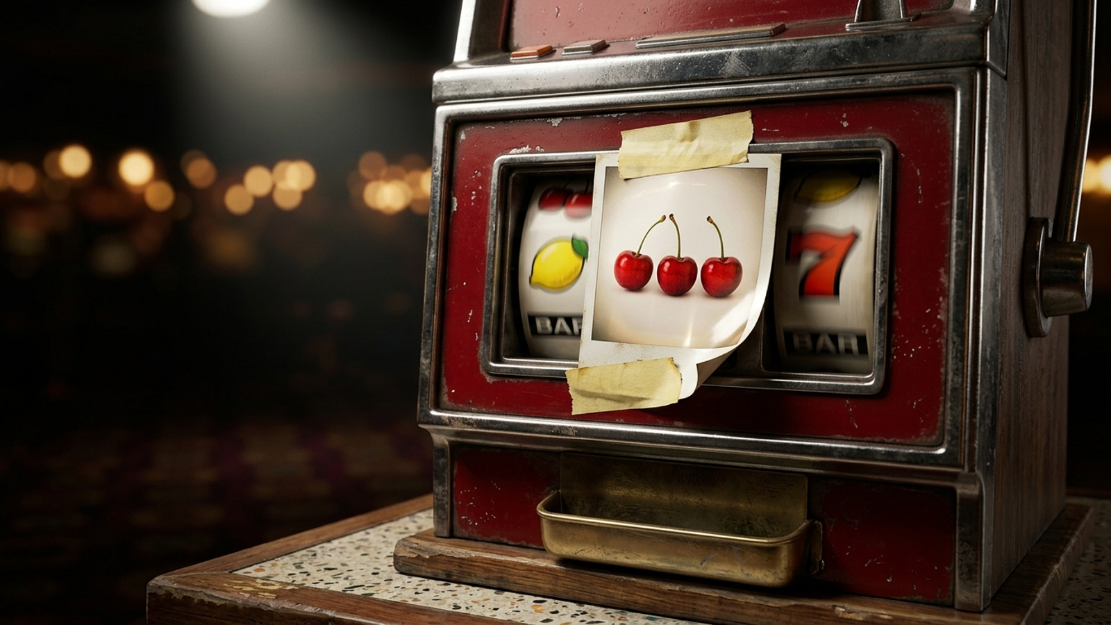A slot machine with a photo of three winning cherries taped over its reels, while the real reels spin mismatched behind it: a faked guaranteed win.