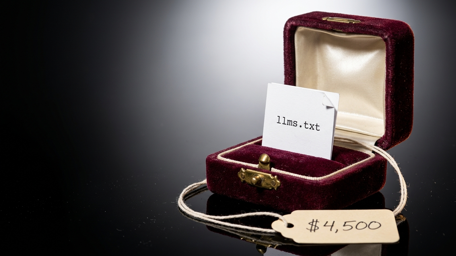 An open luxury ring box holds a plain index card reading "llms.txt" with a $4,500 price tag, mocking trivial AEO work sold as premium.
