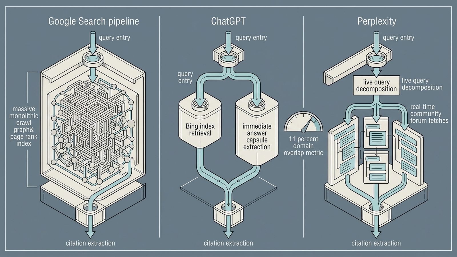 Three retrieval paths: Google’s crawl, ChatGPT’s search retrieval, and Perplexity’s live web fetch.