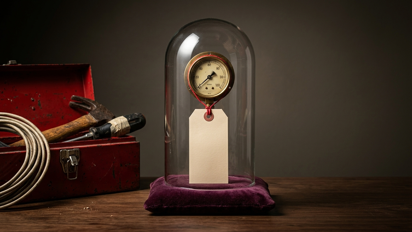 A twitching brass gauge displayed under a glass jar with a huge price tag beside a worn toolbox, mocking billing for monitoring instead of real work.