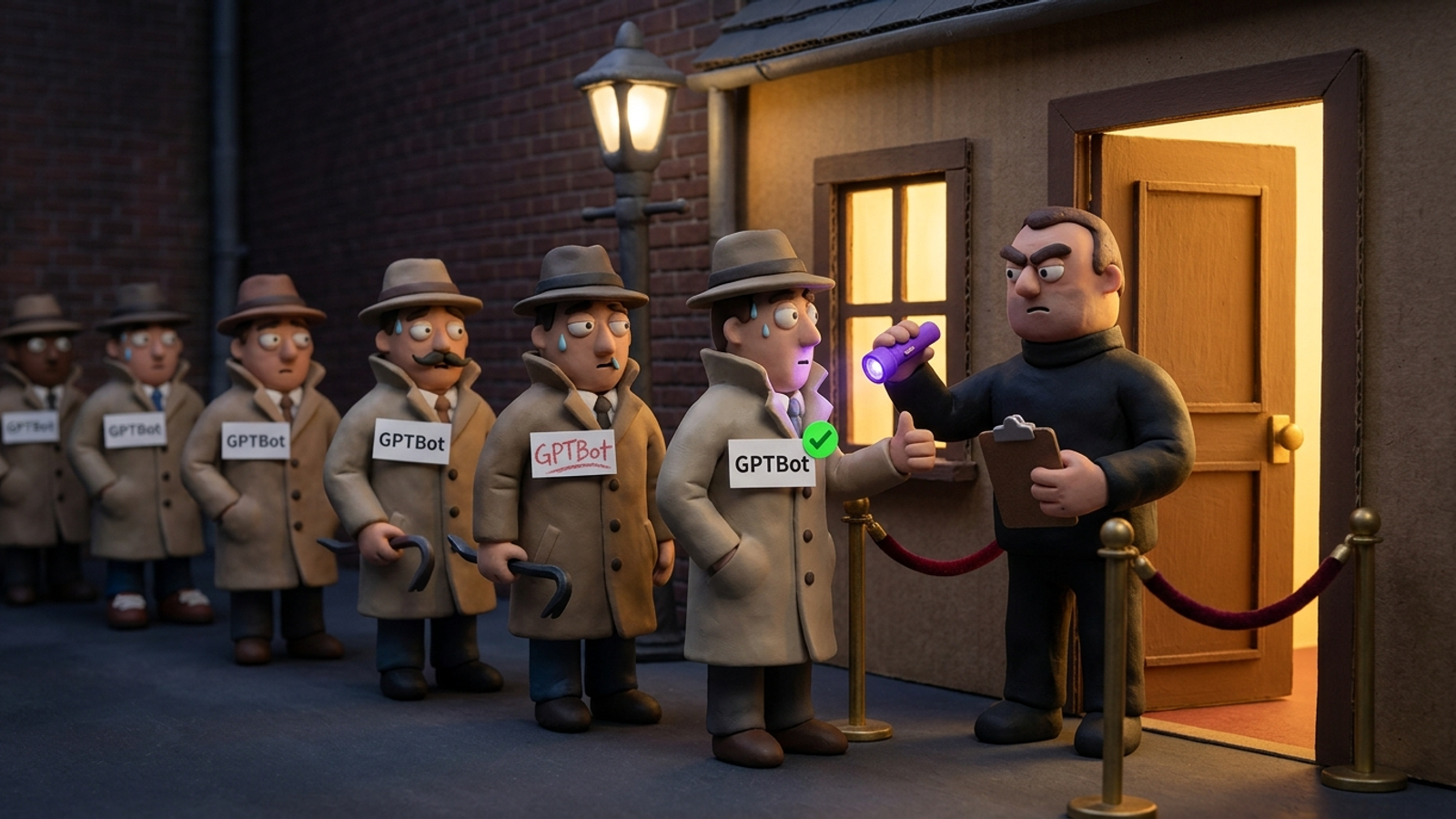 Clay bouncer checks a queue all wearing 'GPTBot' tags; only one is genuine, the rest are fakes in moustaches and stacked trench coats.
