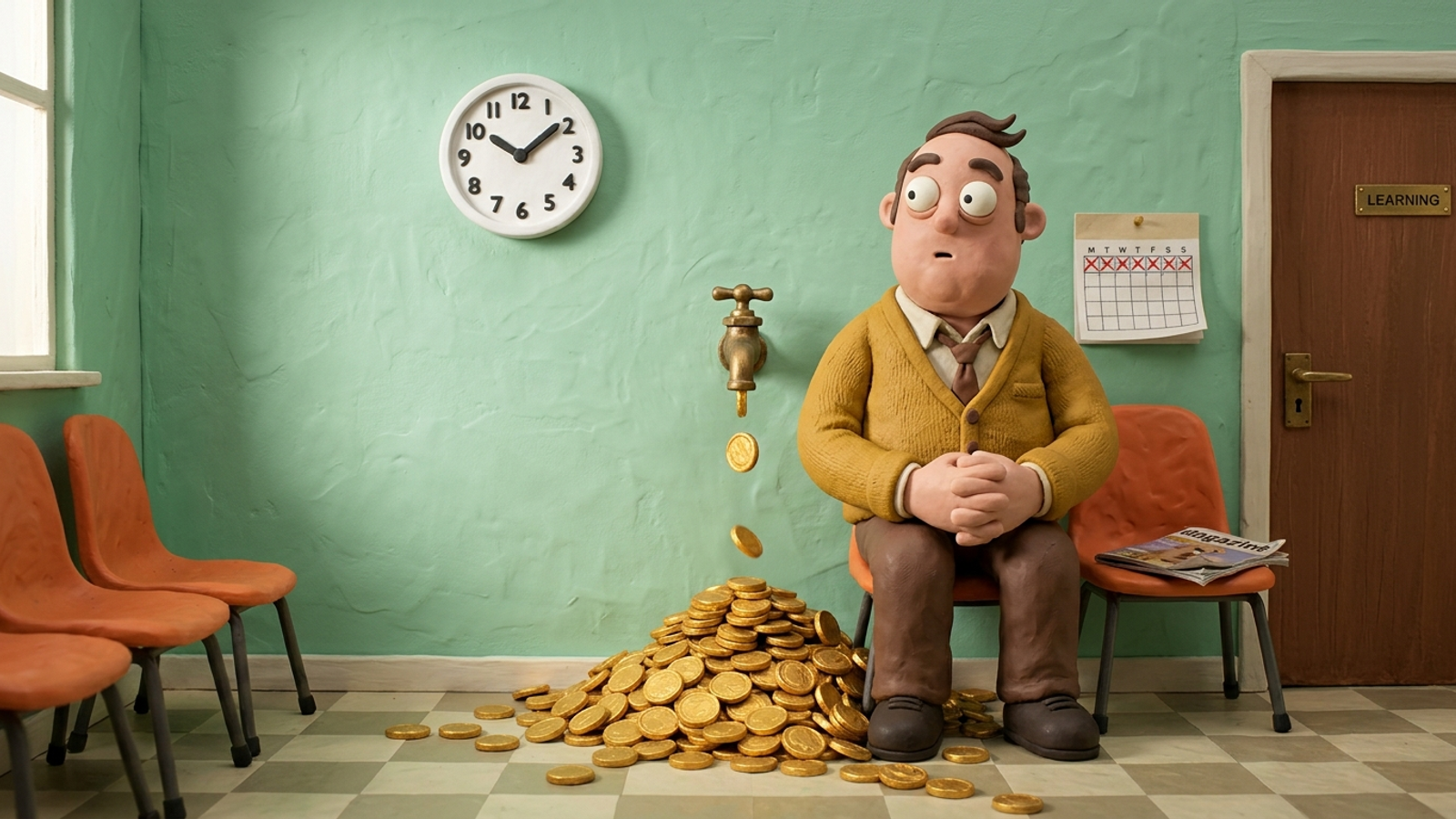 Clay figure waits patiently by a door marked LEARNING, staring at a clock, while a tap behind him pours gold coins onto the floor unnoticed.
