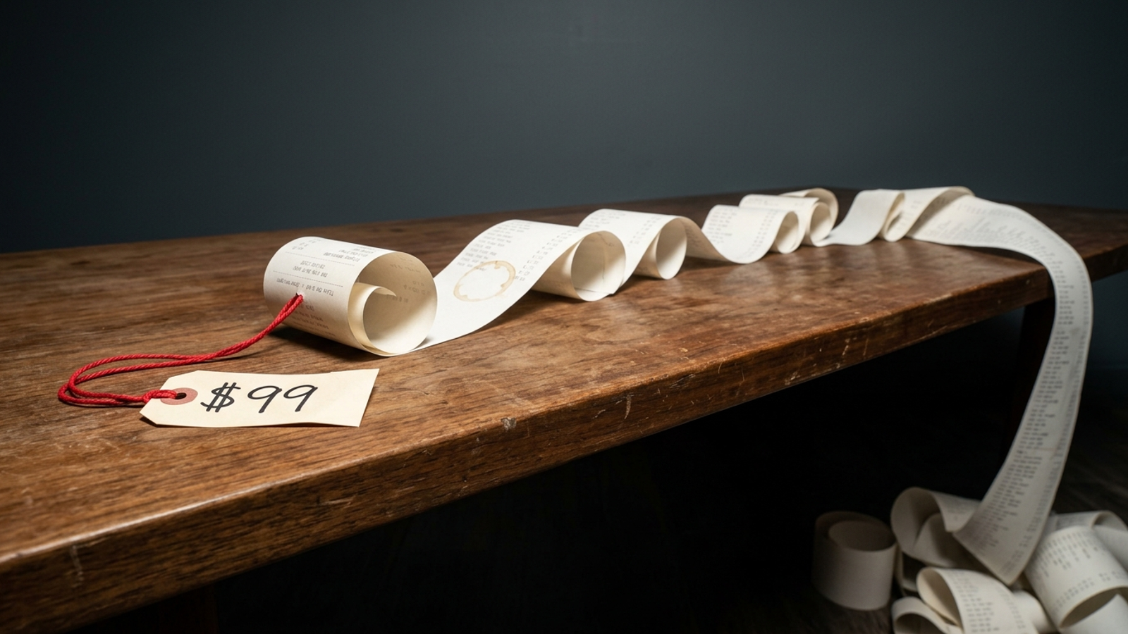 A tiny "$99" price tag tied to an enormous receipt that unrolls across a desk and floor: the tool is cheap, but the full service bill is huge.