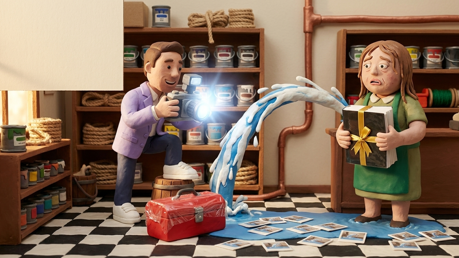 Clay consultant happily photographs a burst pipe flooding a shop while the soaked owner holds a thick report and his sealed toolbox floats unused.
