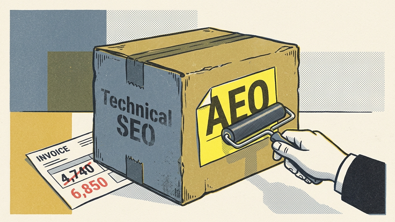 An agency worker pastes an AEO label over a worn Technical SEO box.