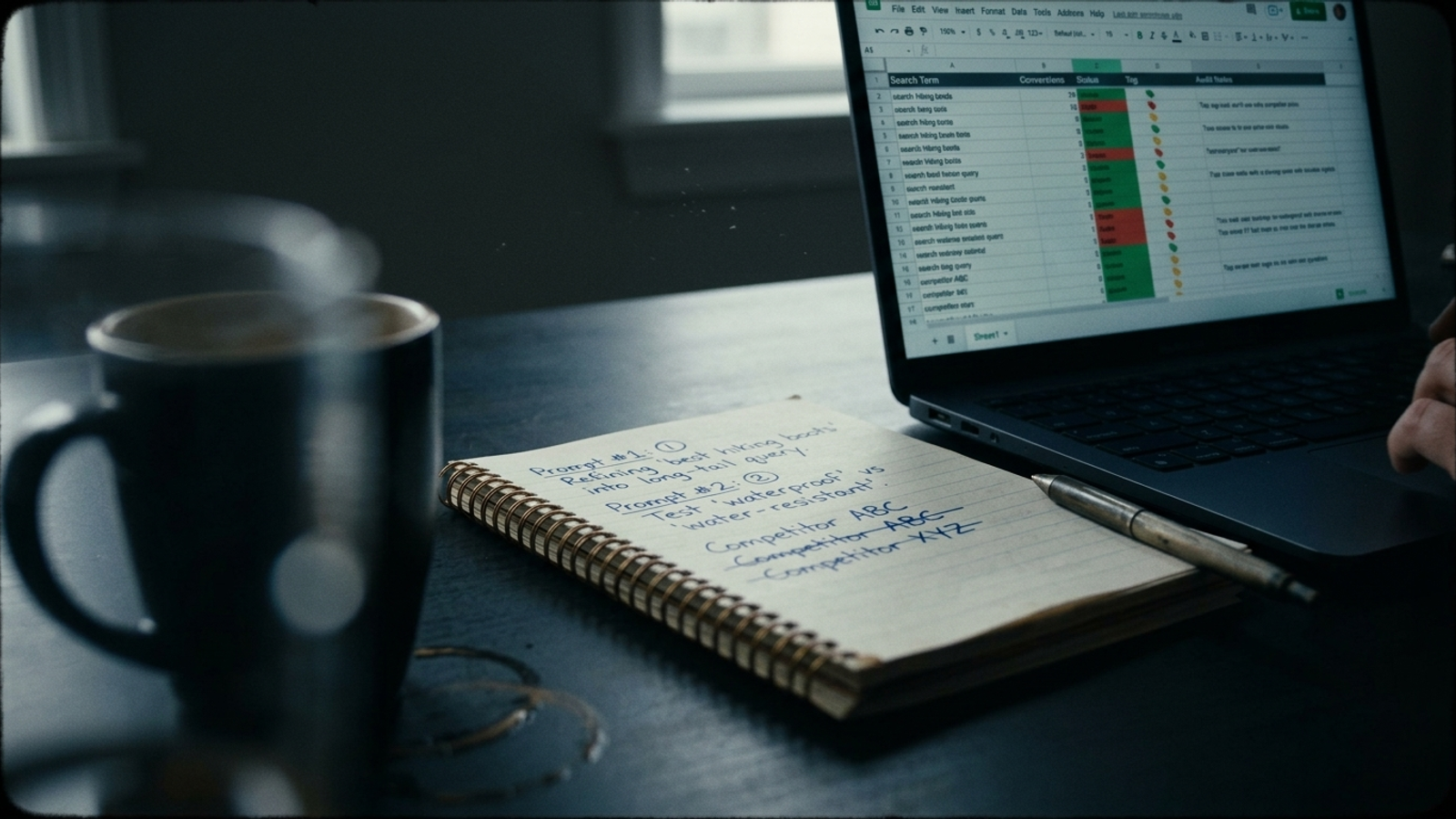 Studio workbench with a prompt-results spreadsheet on a monitor and an audit notepad beside it.