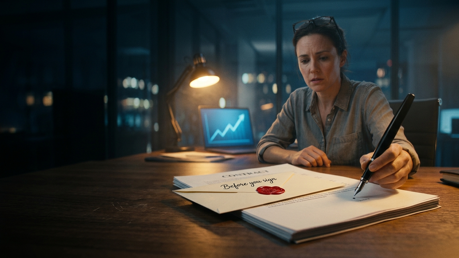 A founder pauses with a pen above a contract as a sealed letter marked "Before you sign" rests on the signature line, late at night.