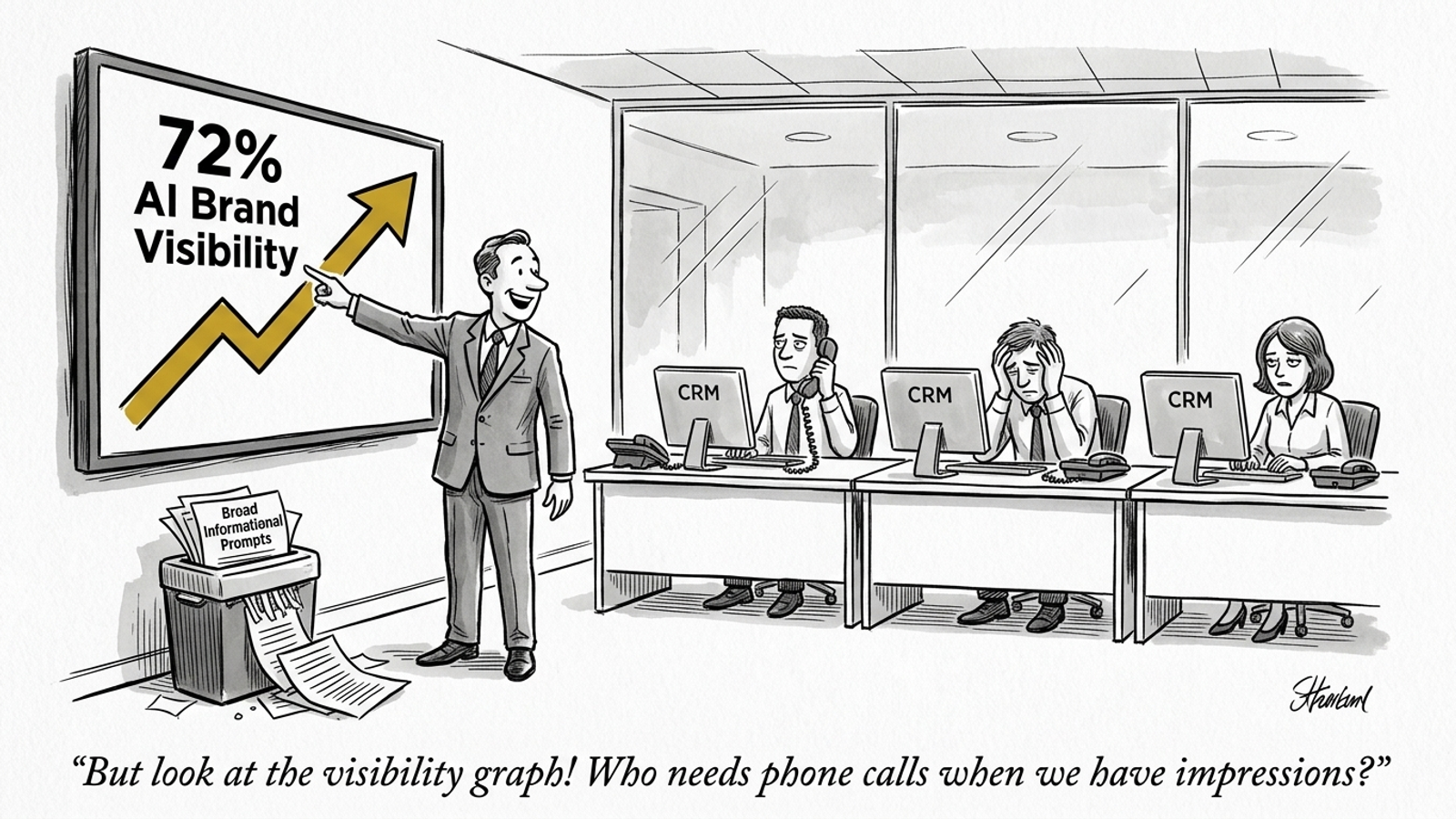 A cartoon executive celebrating an AI visibility dashboard while sales reps sit by silent phones.