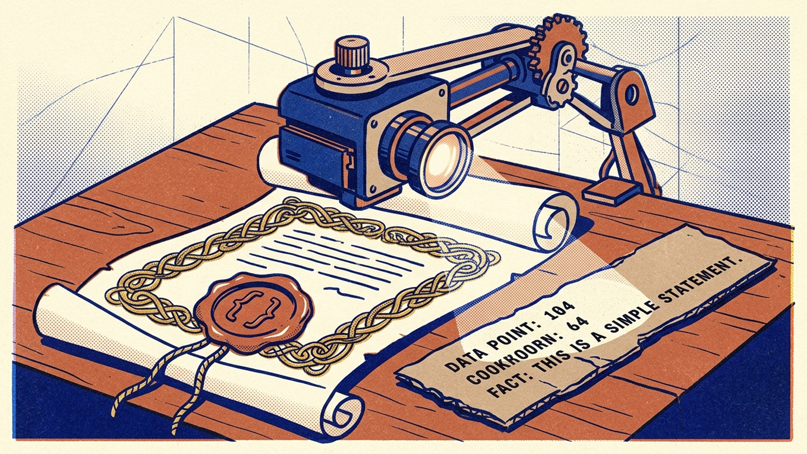 An AI retrieval scanner passes an ornate seal to read plain text.
