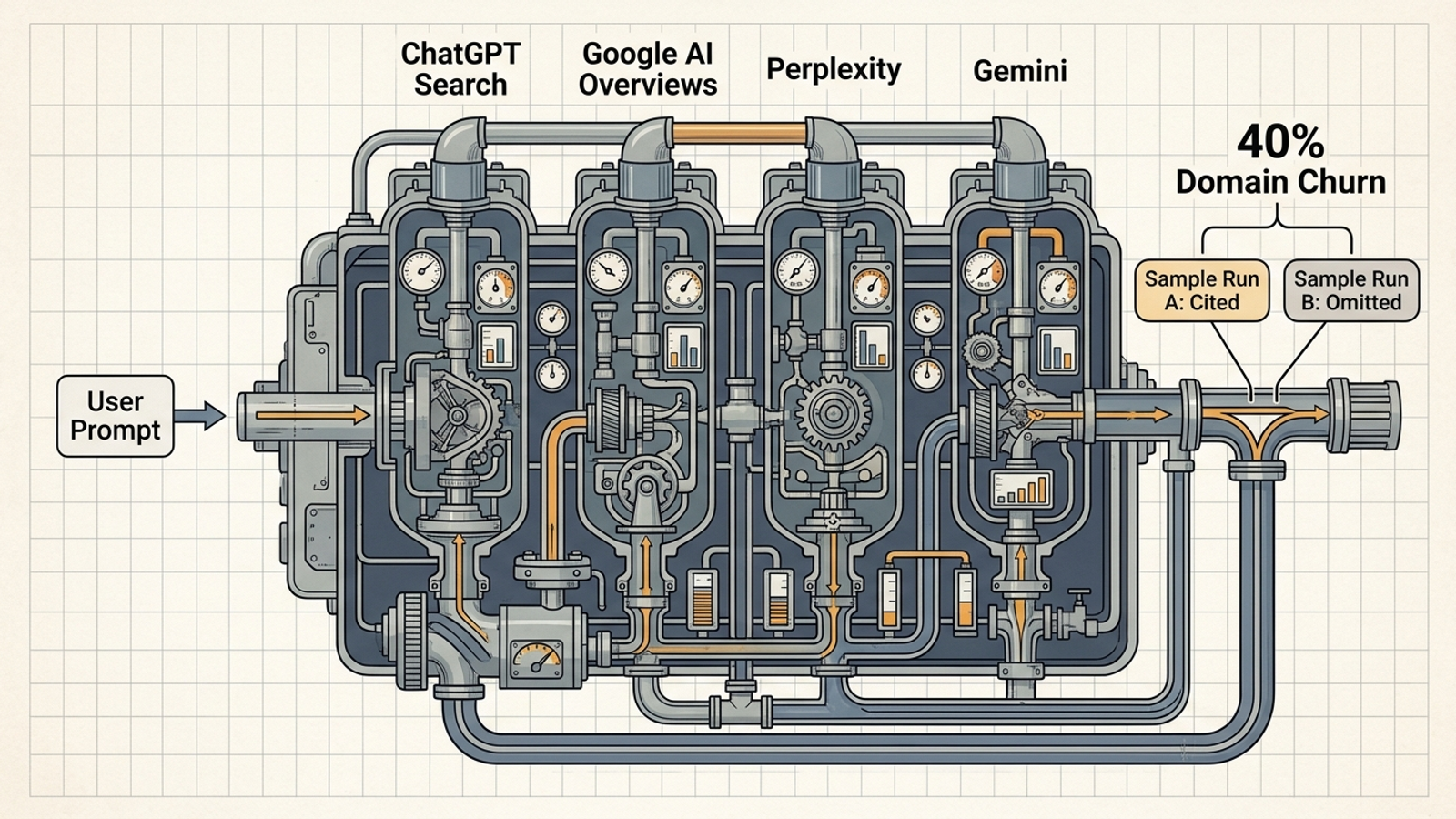 Diagram showing how one prompt can produce different answers across four AI search engines.