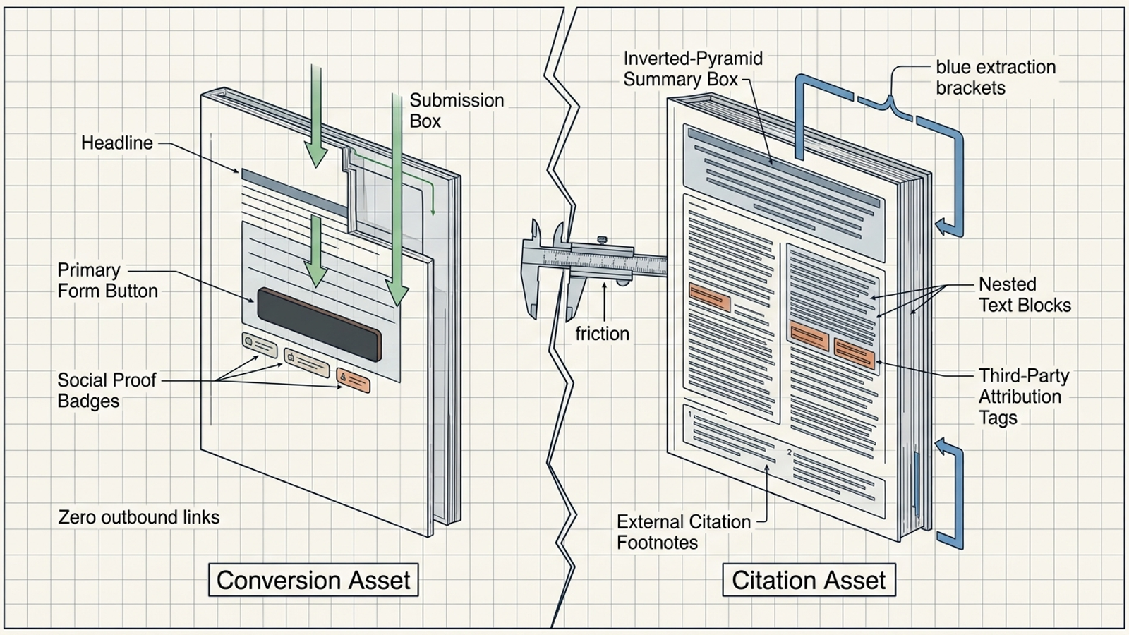 A landing page split between conversion elements and AI citation material.