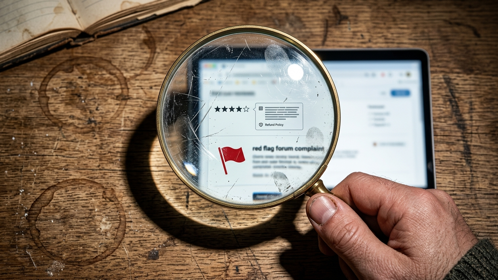 Magnifying glass over review stars and refund terms on a laptop