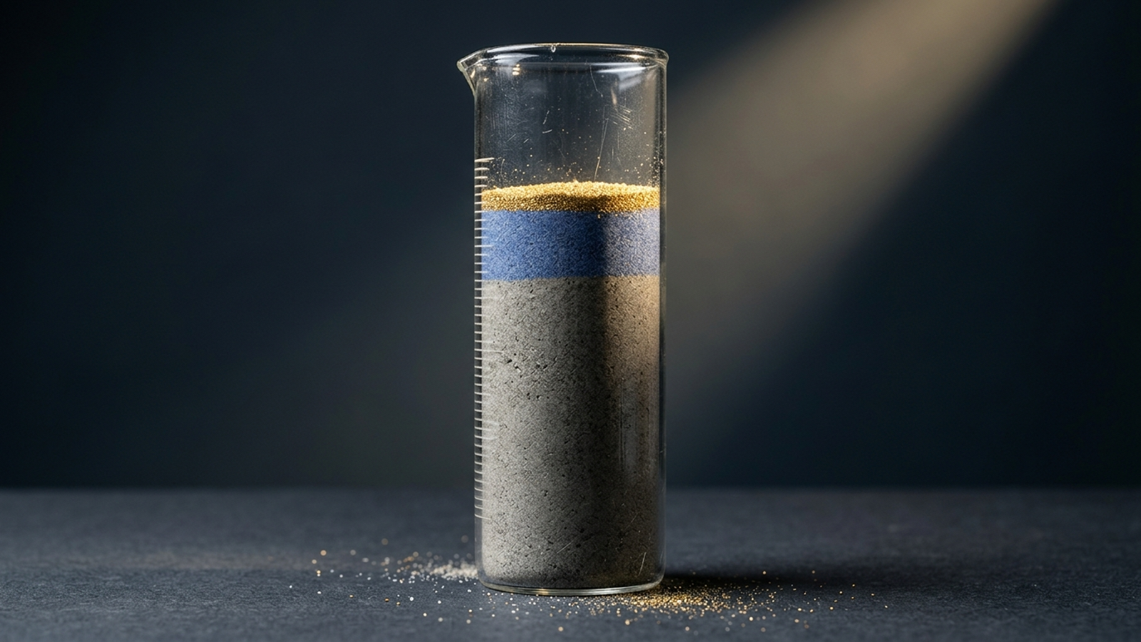A brimming measuring cylinder of layered sand: a thick grey base, a thinner blue band and only a sliver of glittering gold at the top.