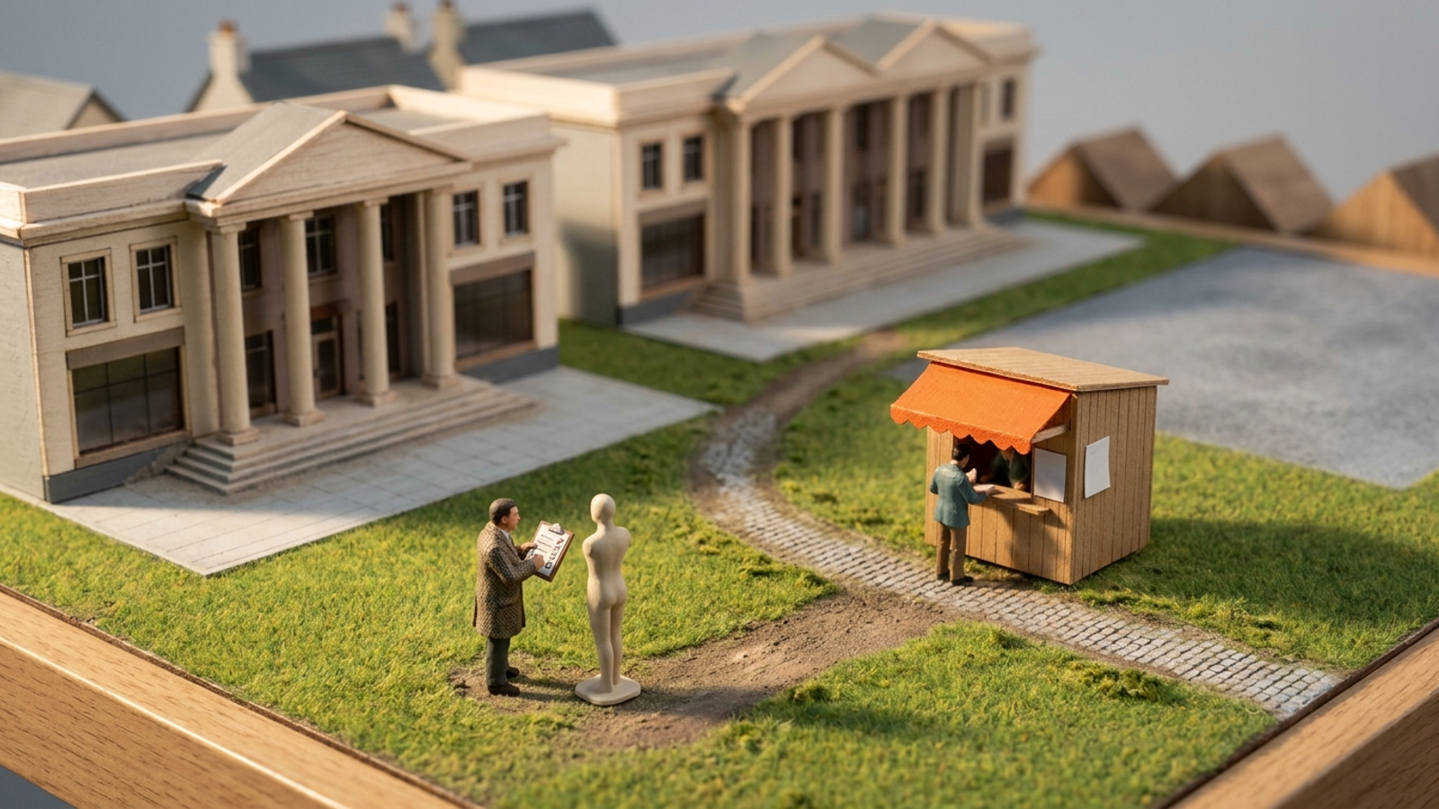 A model town where crowds bypass three grand empty stores for one small kiosk, while a pollster with a clipboard interviews a mannequin, missing it all.