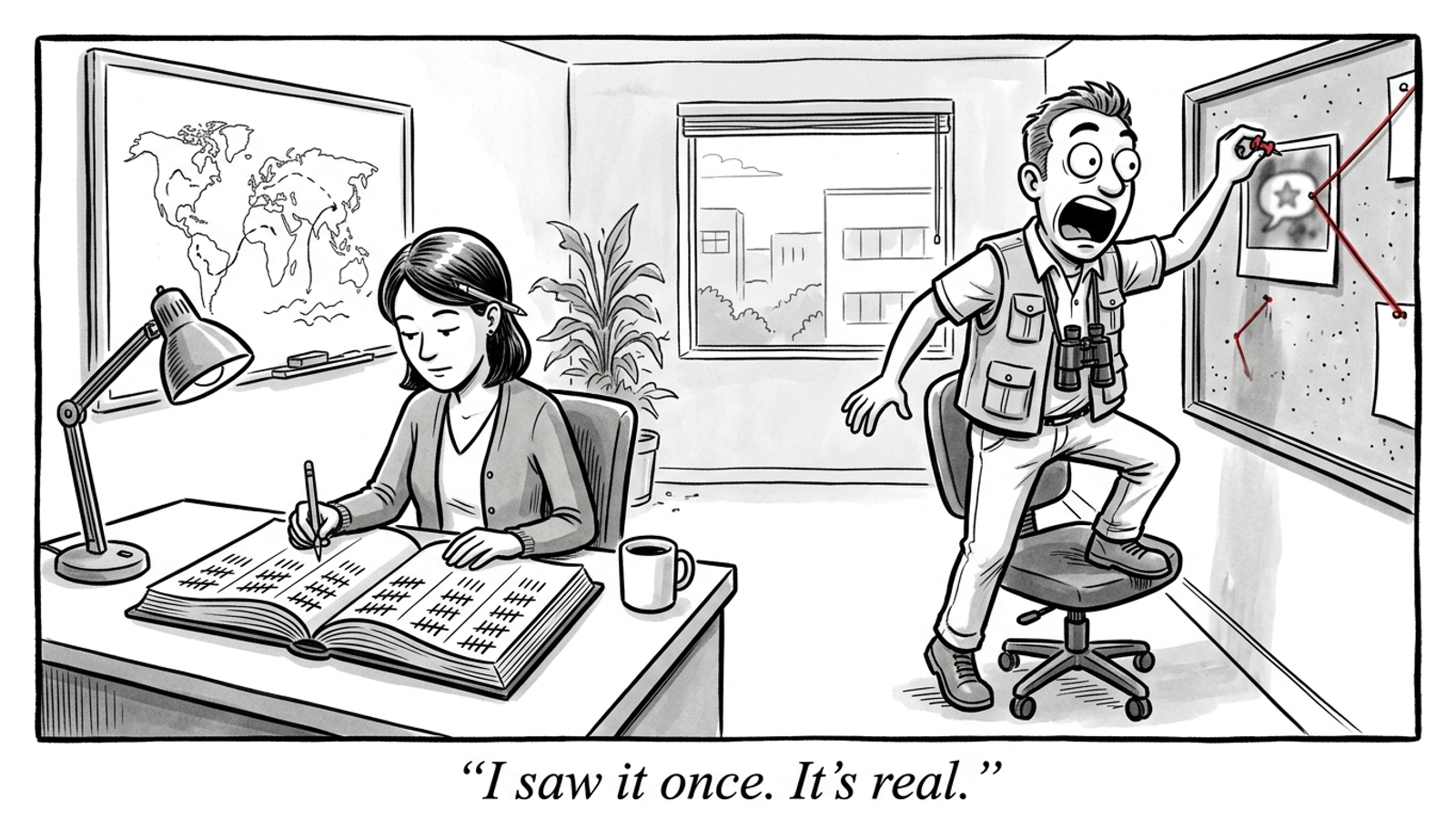 Cartoon of a founder pinning one blurry chat-bubble photo like a Bigfoot sighting while a colleague quietly fills a ledger with hundreds of tally marks.