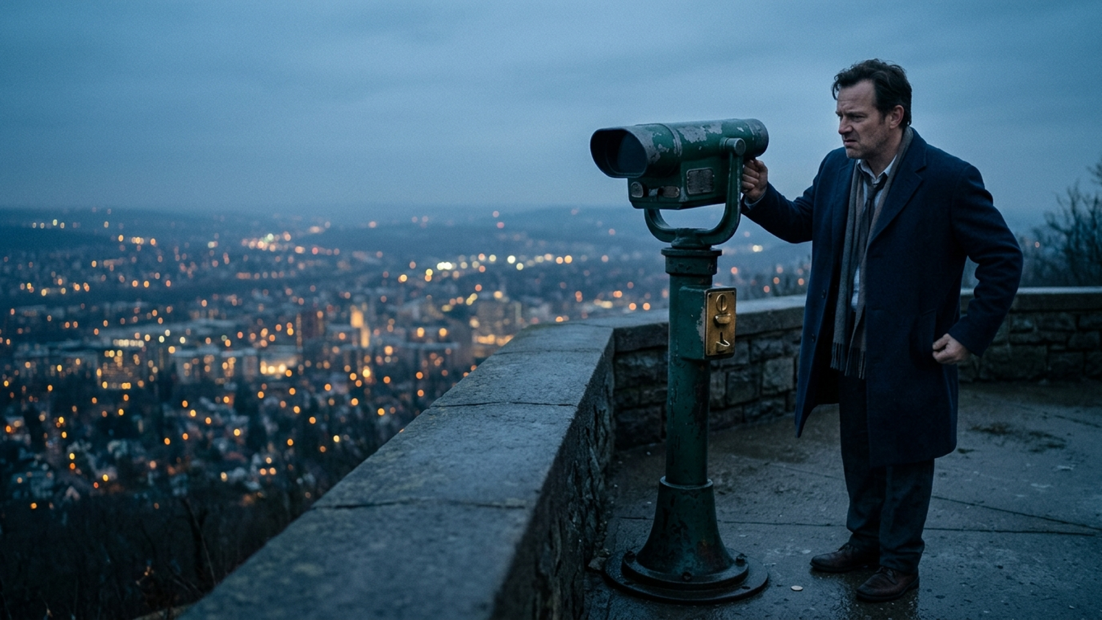 A man at a coin-op scenic viewer as its shutter closes, pockets empty, while a vast glowing city he can no longer see spreads out below.