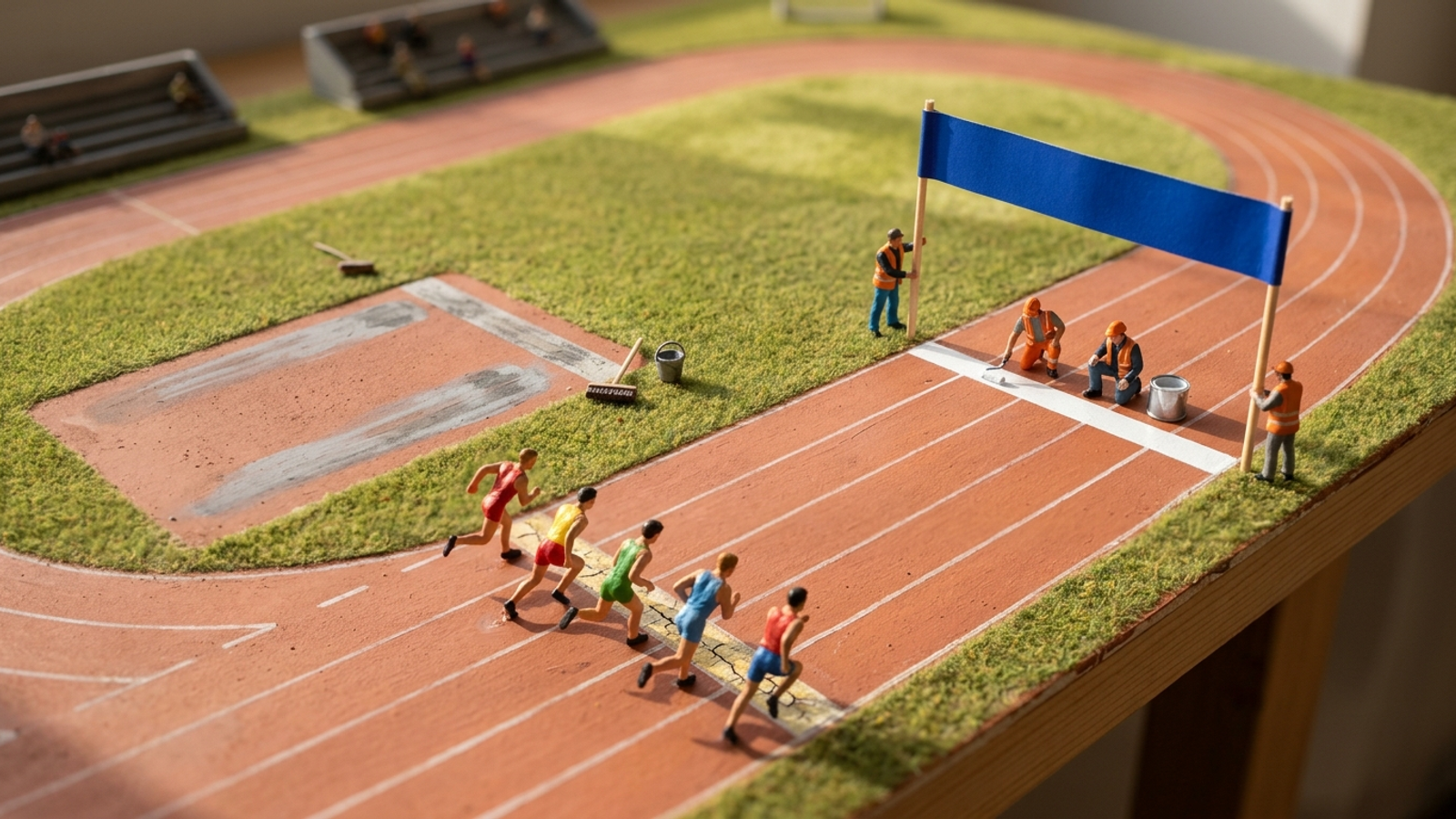 Tiny model runners race toward an old faded finish line while a crew paints a new one further on beside a sponsor banner—the rules moved.