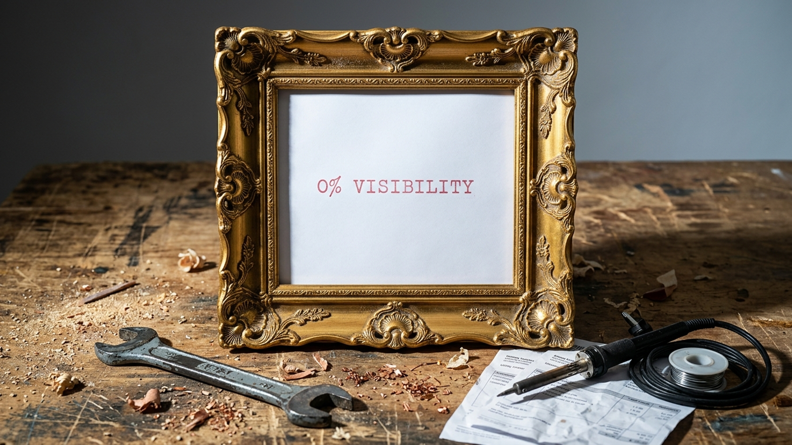 An ornate frame holds a blank sheet stamped zero percent visibility beside idle tools on a workshop table.