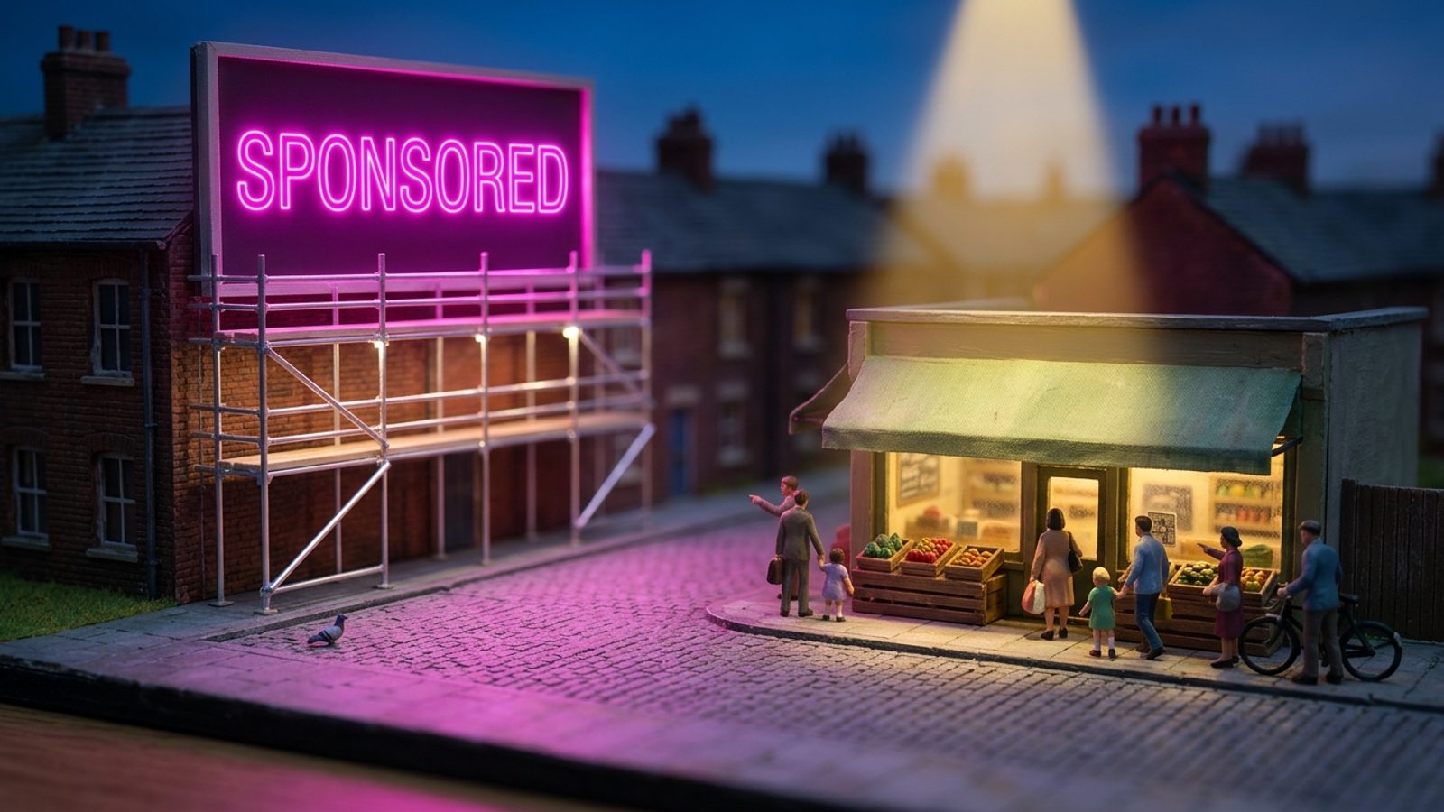A miniature street where a giant neon "SPONSORED" billboard is ignored while tiny shoppers queue at a small spotlit shop, showing earned trust beating ads.