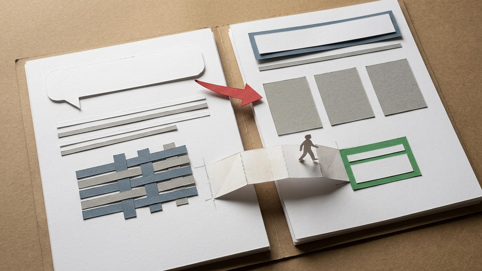 Paper cutout of an answer page with a table linking across a paper bridge to a landing page with a form